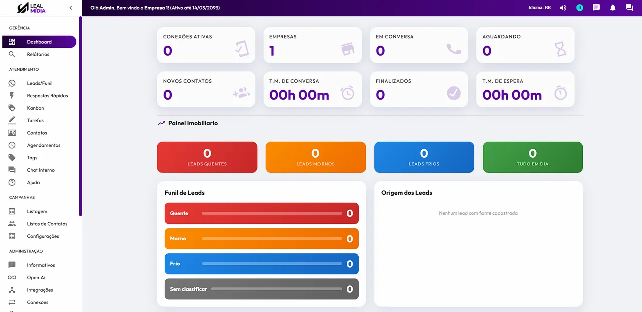 Tela do LM Flow, o CRM da Leal Mídia para imobiliárias, com painel de leads e funil de atendimento